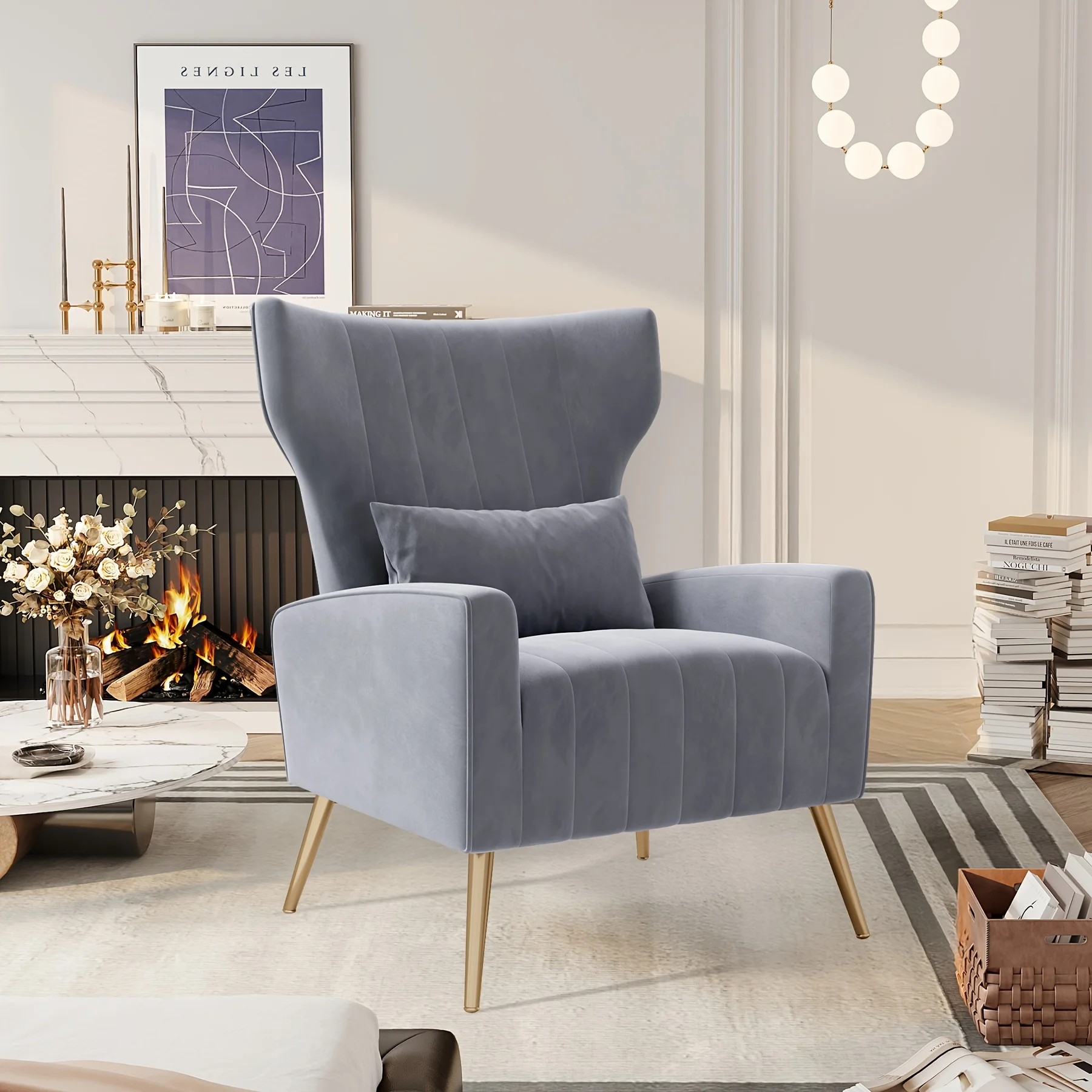 Velvet Fabric Upholstered Reading Comfy Mid Century Modern Armchair with Metal Legs And Spring Support, Accent Chair for Living Room