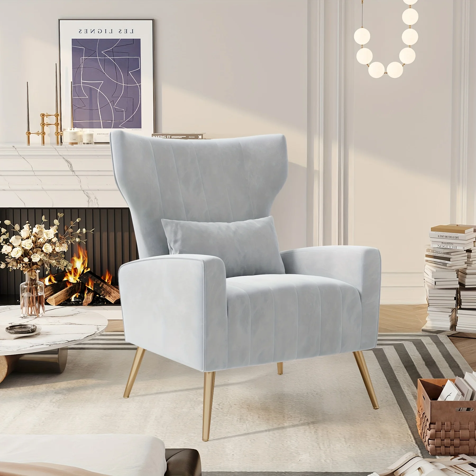 Velvet Fabric Upholstered Reading Comfy Mid Century Modern Armchair with Metal Legs And Spring Support, Accent Chair for Living Room