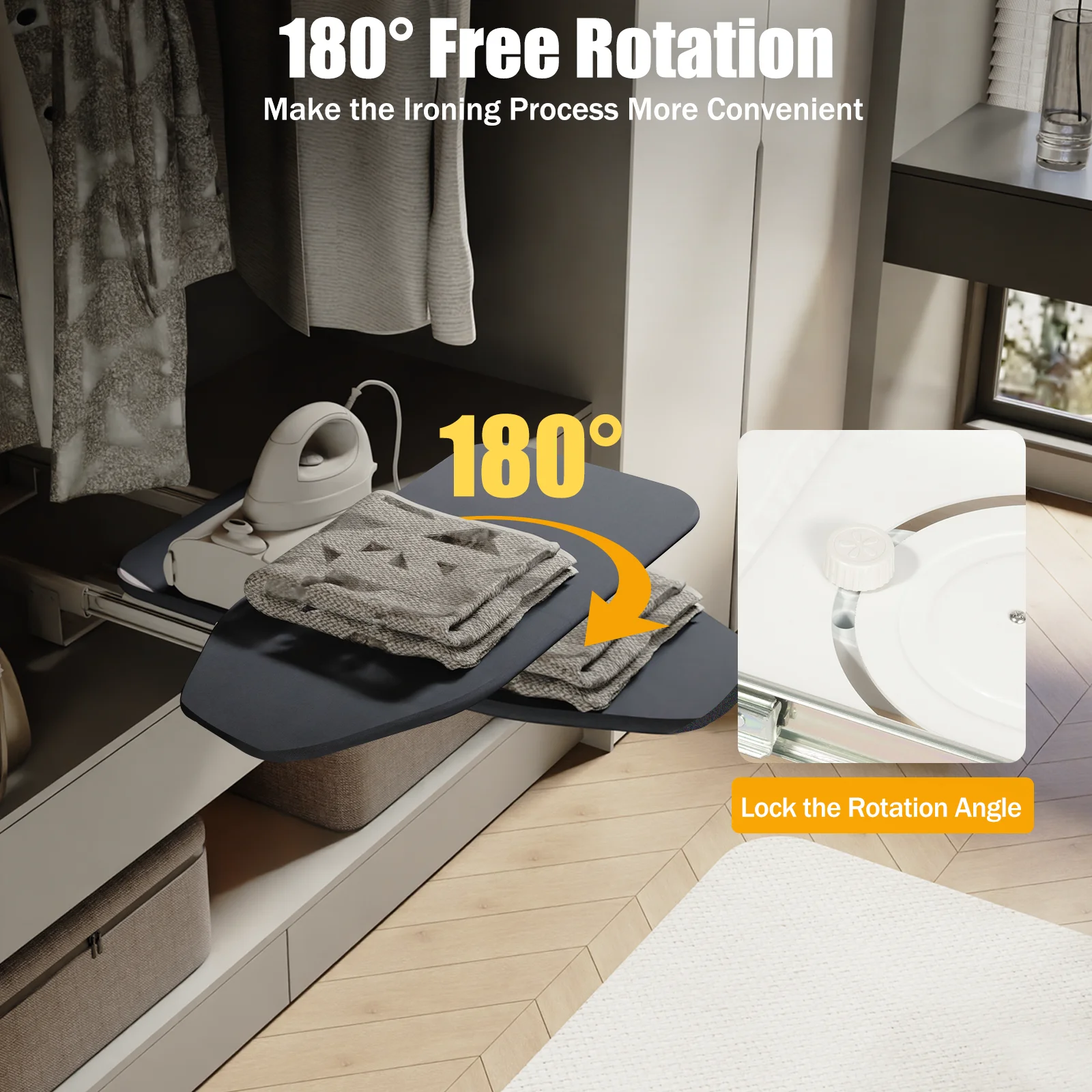 Foldable Ironing Board for Cabinet, 180° Rotating Pull-Out Ironing Station with Anti-Scald Cover, Space Saving Wall Mount Laundry Organizer for Small Apartments, Bedrooms & Laundry Rooms