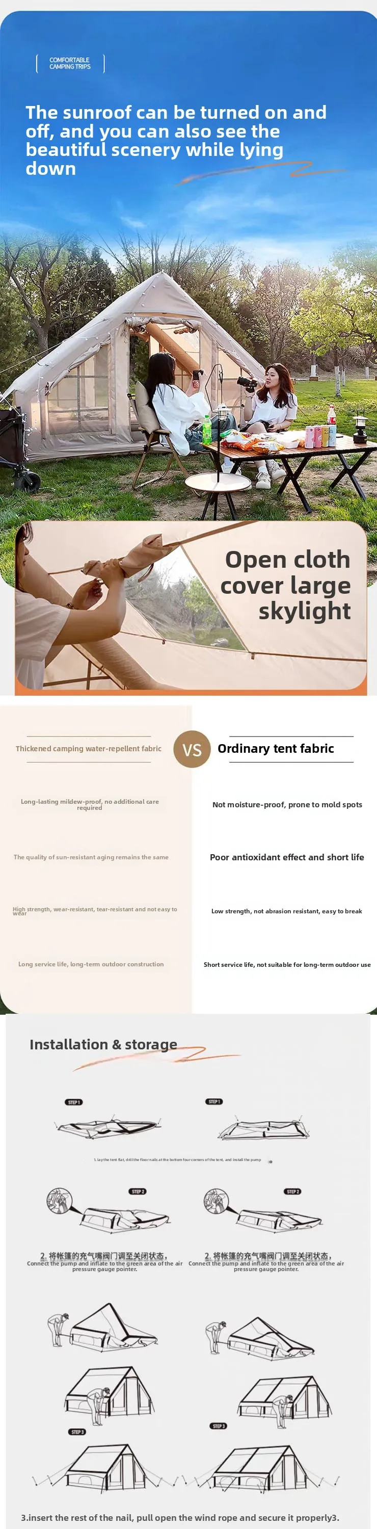 Inflatable Camping Tent 1-6 Person, Large Inflatable Camping Tent with Stove Jack, with Skylight and Double Doors, Outdoor Tent