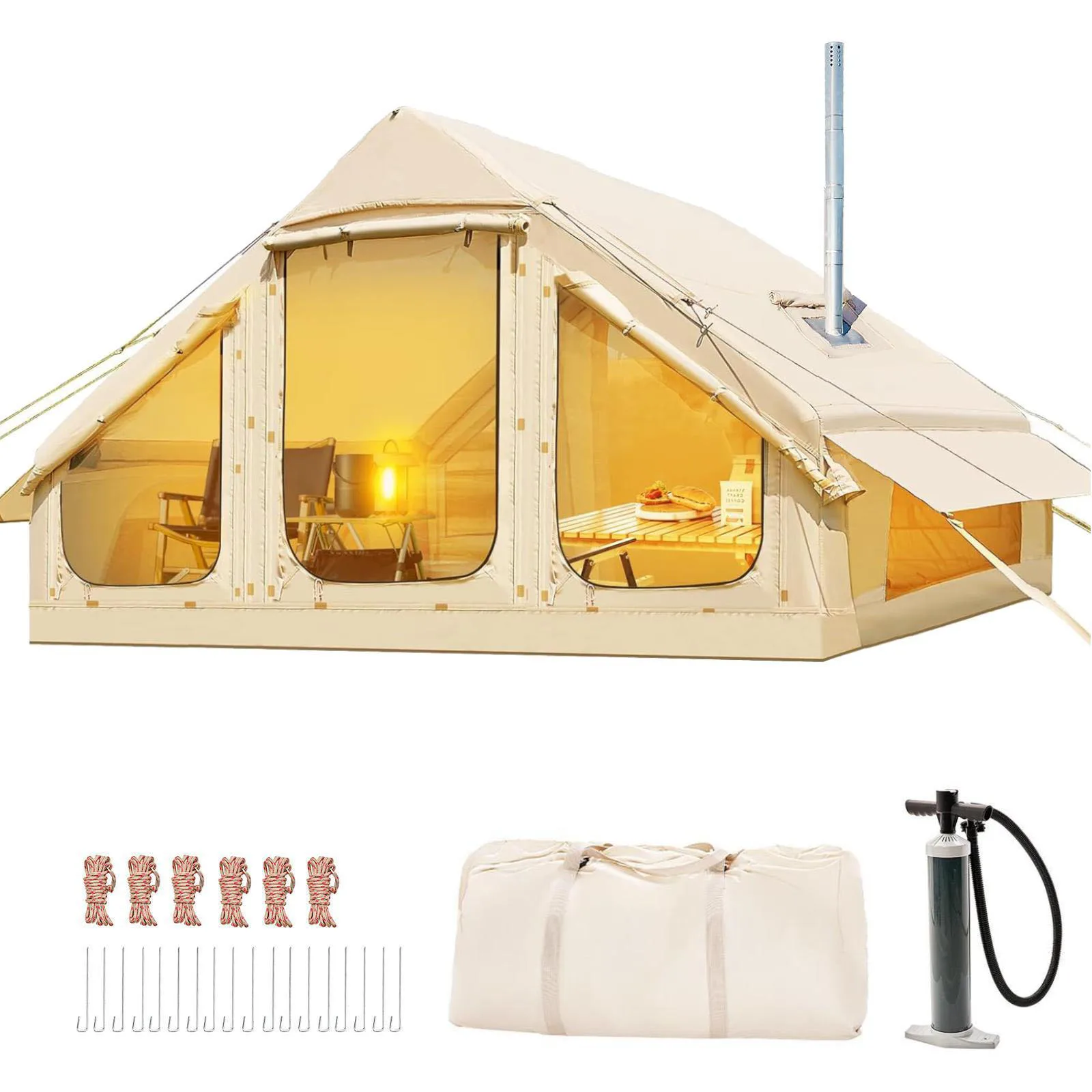 Inflatable Camping Tent 1-6 Person, Large Inflatable Camping Tent with Stove Jack, with Skylight and Double Doors, Outdoor Tent