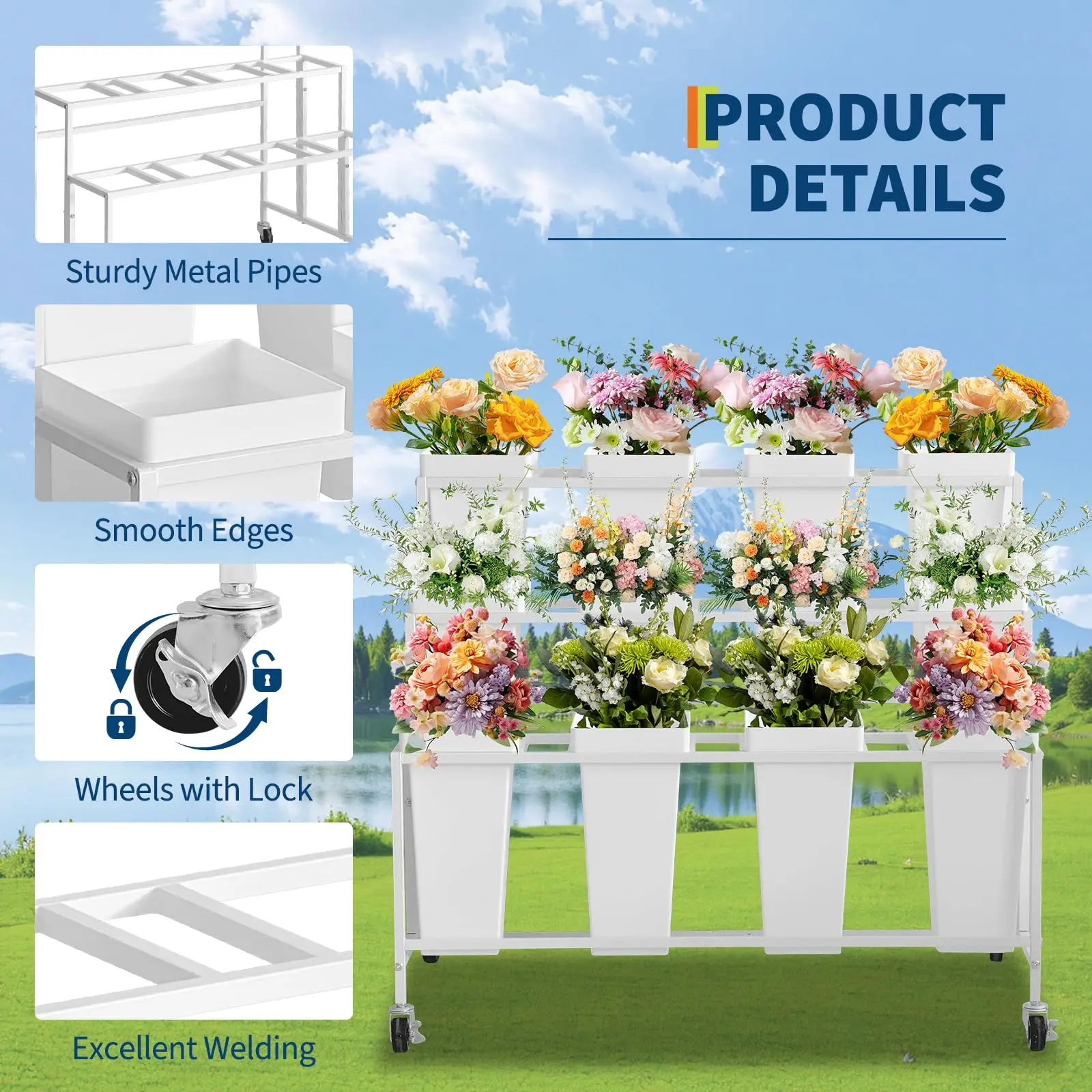 3 Tier Rolling Flower Display Stand With 12 Removable Buckets, Metal Plant Cart With Locking Wheels For Garden Wedding Flower Shop
