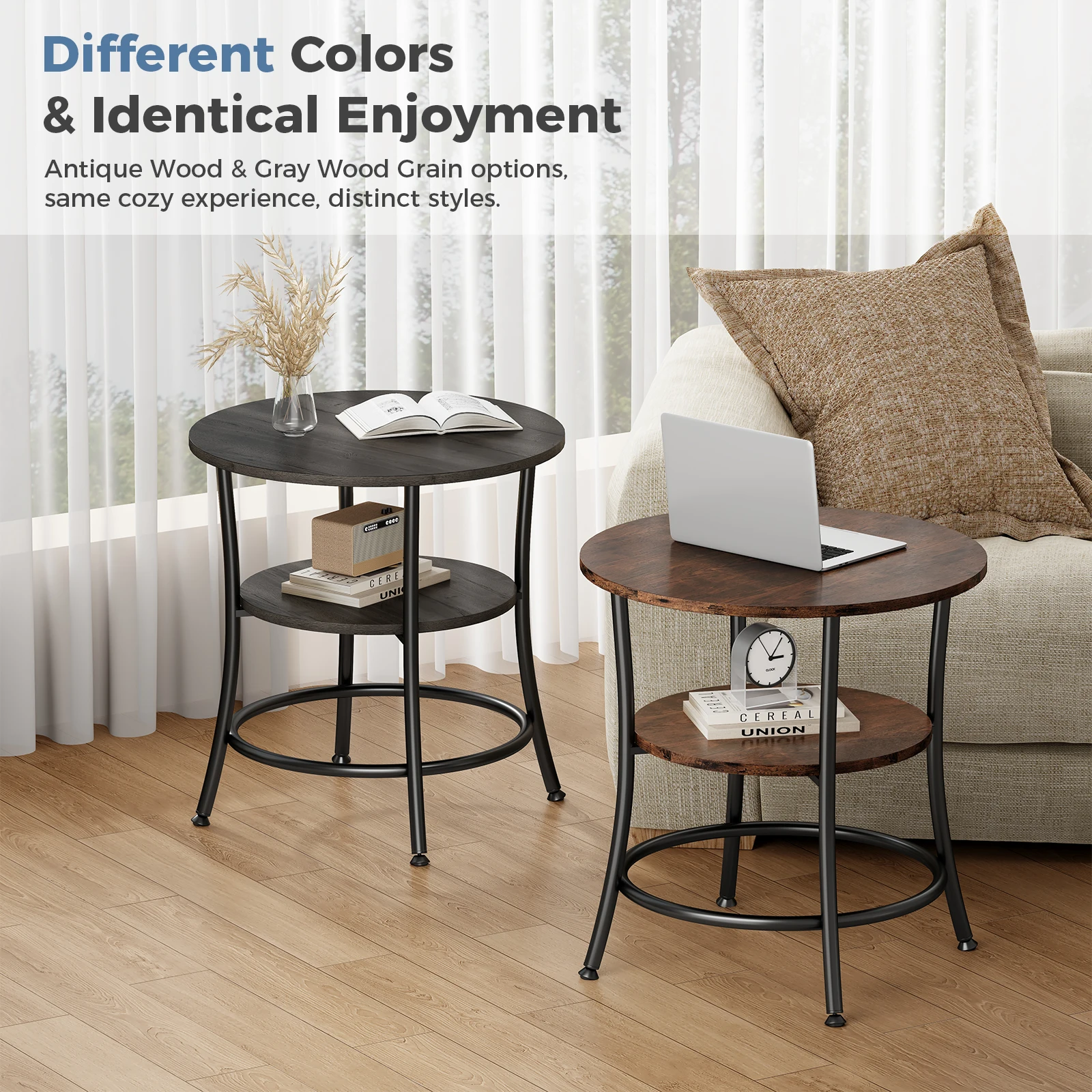 MCQ 2-Tier Wood Shelfs Round End Tables for Living Room 21.85 Inch Sturdy Metal Frame with Storage Shelf Coffee Tables Storage Shelf For Small Spaces Tea Dining Tables
