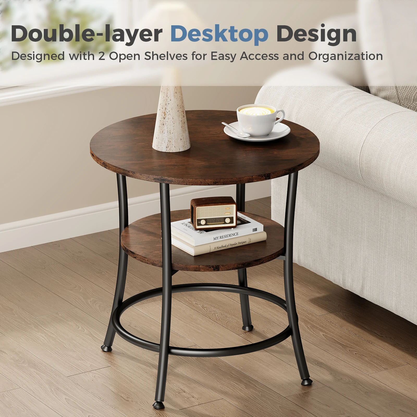 MCQ 2-Tier Wood Shelfs Round End Tables for Living Room 21.85 Inch Sturdy Metal Frame with Storage Shelf Coffee Tables Storage Shelf For Small Spaces Tea Dining Tables