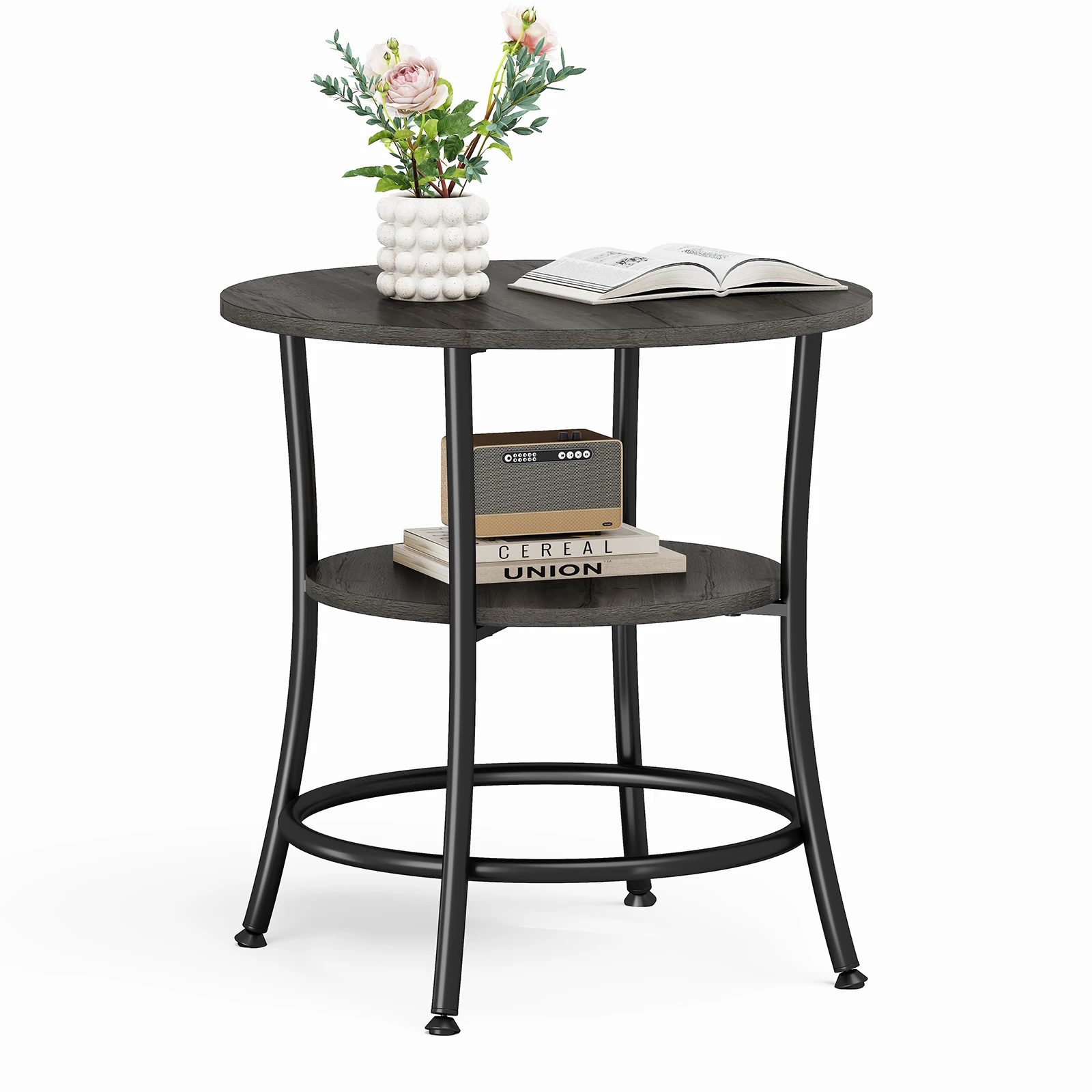 MCQ 2-Tier Wood Shelfs Round End Tables for Living Room 21.85 Inch Sturdy Metal Frame with Storage Shelf Coffee Tables Storage Shelf For Small Spaces Tea Dining Tables