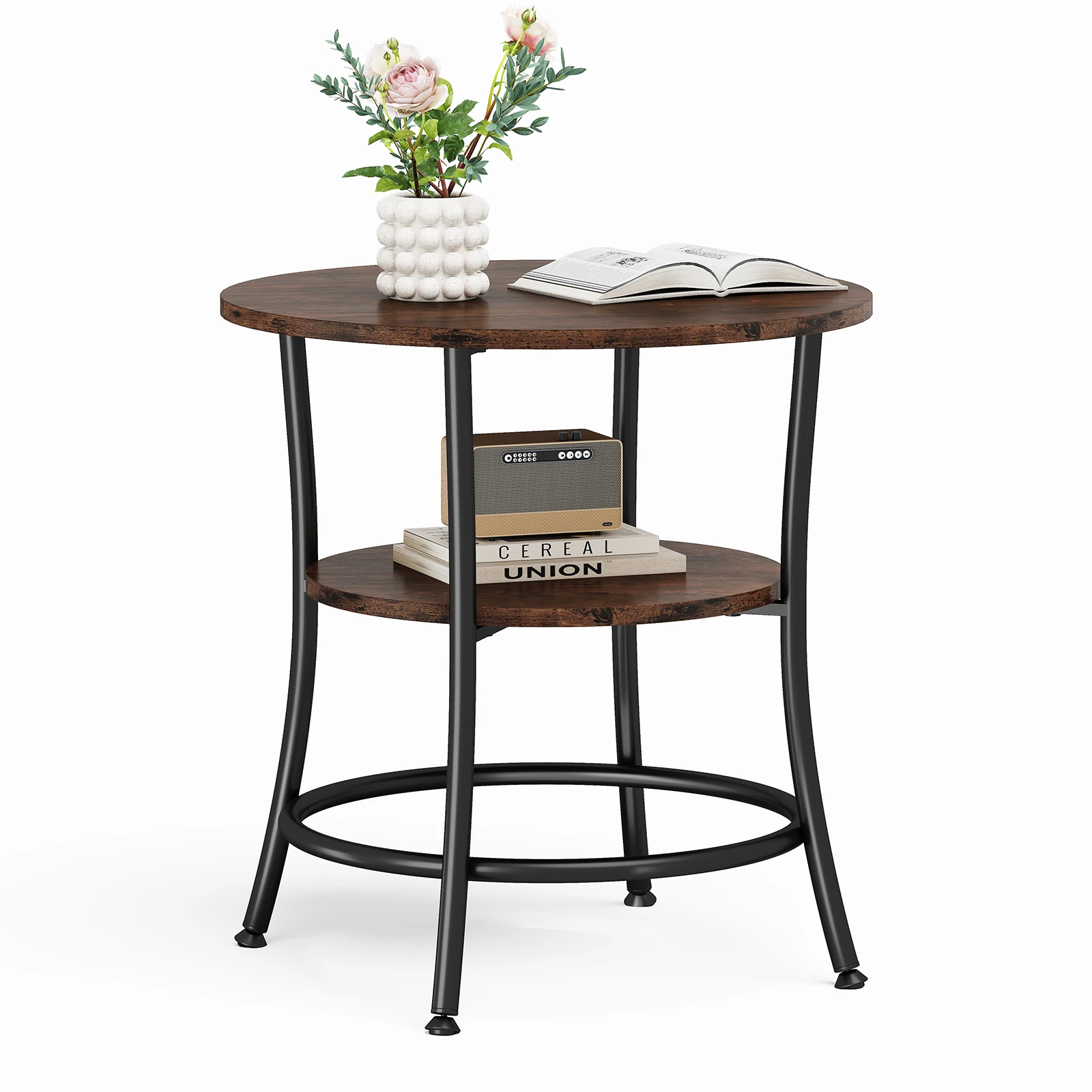 MCQ 2-Tier Wood Shelfs Round End Tables for Living Room 21.85 Inch Sturdy Metal Frame with Storage Shelf Coffee Tables Storage Shelf For Small Spaces Tea Dining Tables