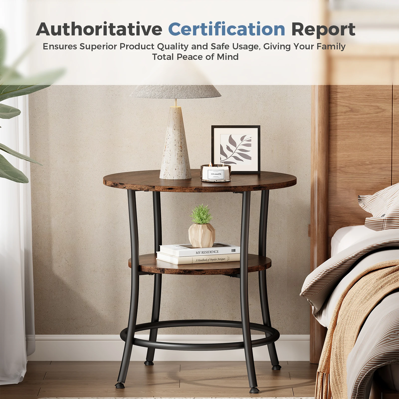 MCQ 2-Tier Wood Shelfs Round End Tables for Living Room 21.85 Inch Sturdy Metal Frame with Storage Shelf Coffee Tables Storage Shelf For Small Spaces Tea Dining Tables