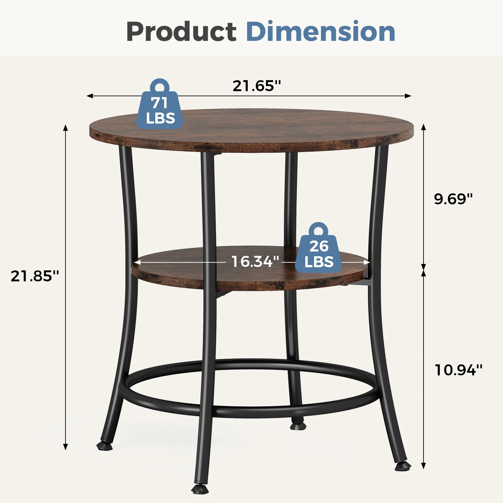 MCQ 2-Tier Wood Shelfs Round End Tables for Living Room 21.85 Inch Sturdy Metal Frame with Storage Shelf Coffee Tables Storage Shelf For Small Spaces Tea Dining Tables