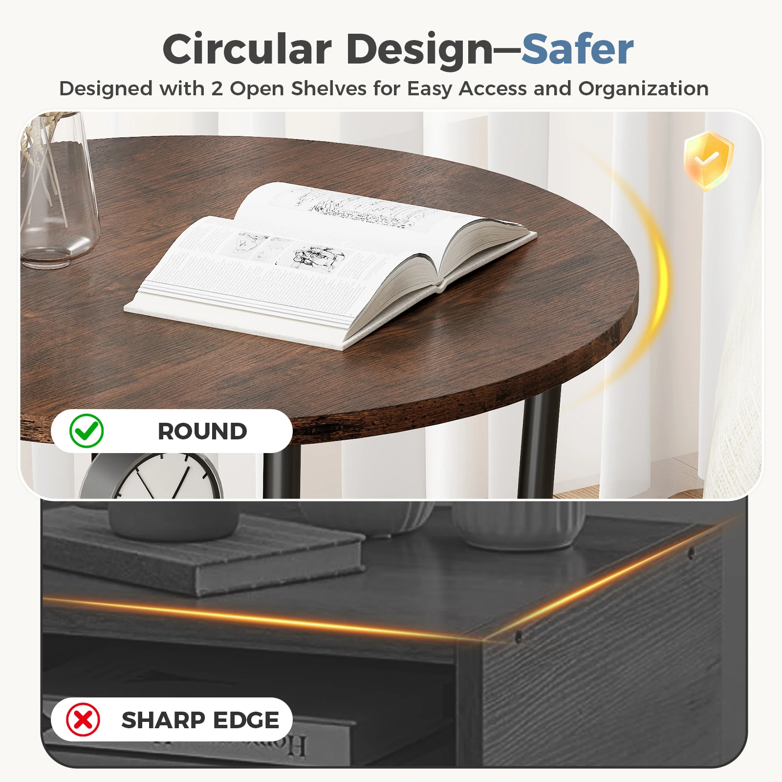 MCQ 2-Tier Wood Shelfs Round End Tables for Living Room 21.85 Inch Sturdy Metal Frame with Storage Shelf Coffee Tables Storage Shelf For Small Spaces Tea Dining Tables