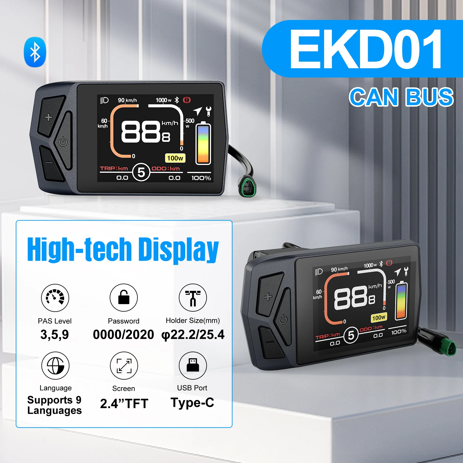 Electric Bike Display EKD01 CAN/UART Protocol Bluetooth Navigation Multilingual eBike Computer 9 PAS For BAFANG Motor Protocol 5PIN IP6