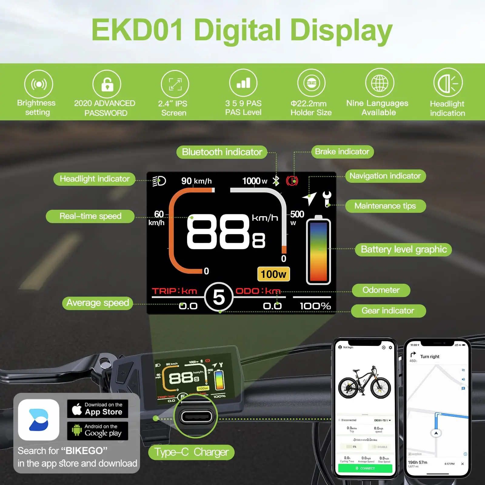Electric Bike Display EKD01 CAN/UART Protocol Bluetooth Navigation Multilingual eBike Computer 9 PAS For BAFANG Motor Protocol 5PIN IP6