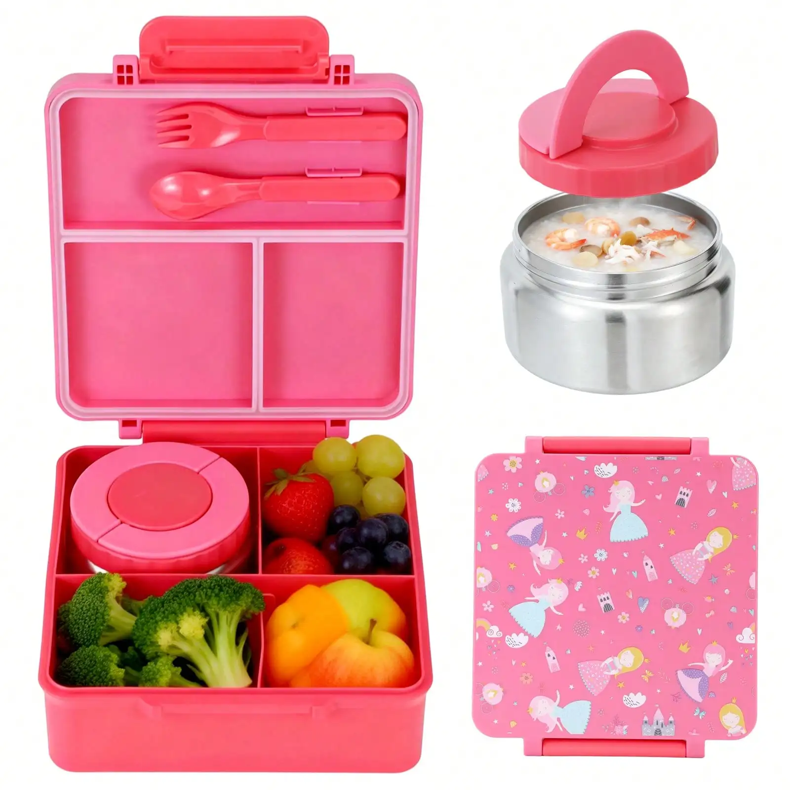 Bento Lunch Box with 8oz Soup Jar, Leakproof 3-Compartment Food Container, Insulated Hot Lunch Carrier for School, Travel & Work, Microwave Safe