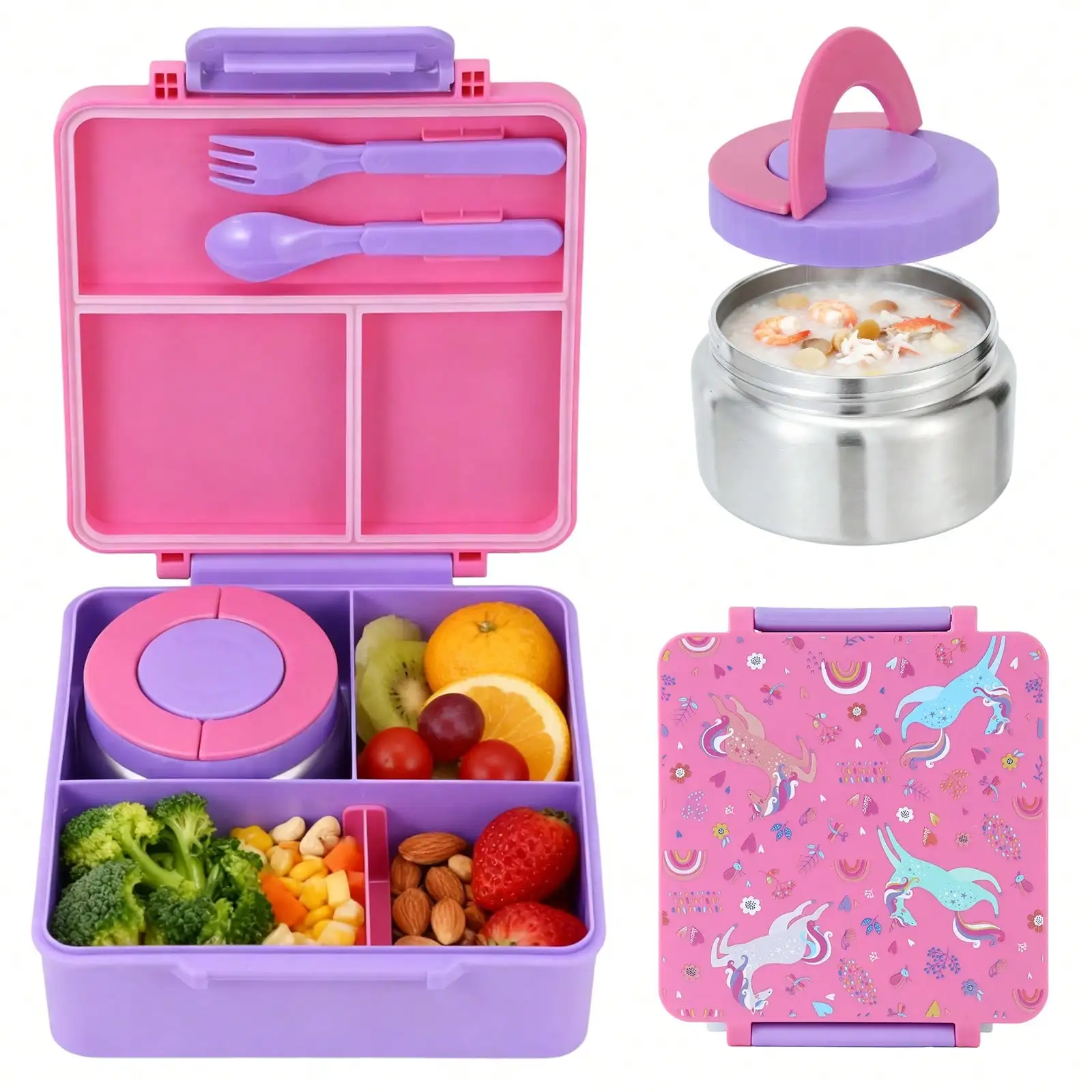 Bento Lunch Box with 8oz Soup Jar, Leakproof 3-Compartment Food Container, Insulated Hot Lunch Carrier for School, Travel & Work, Microwave Safe