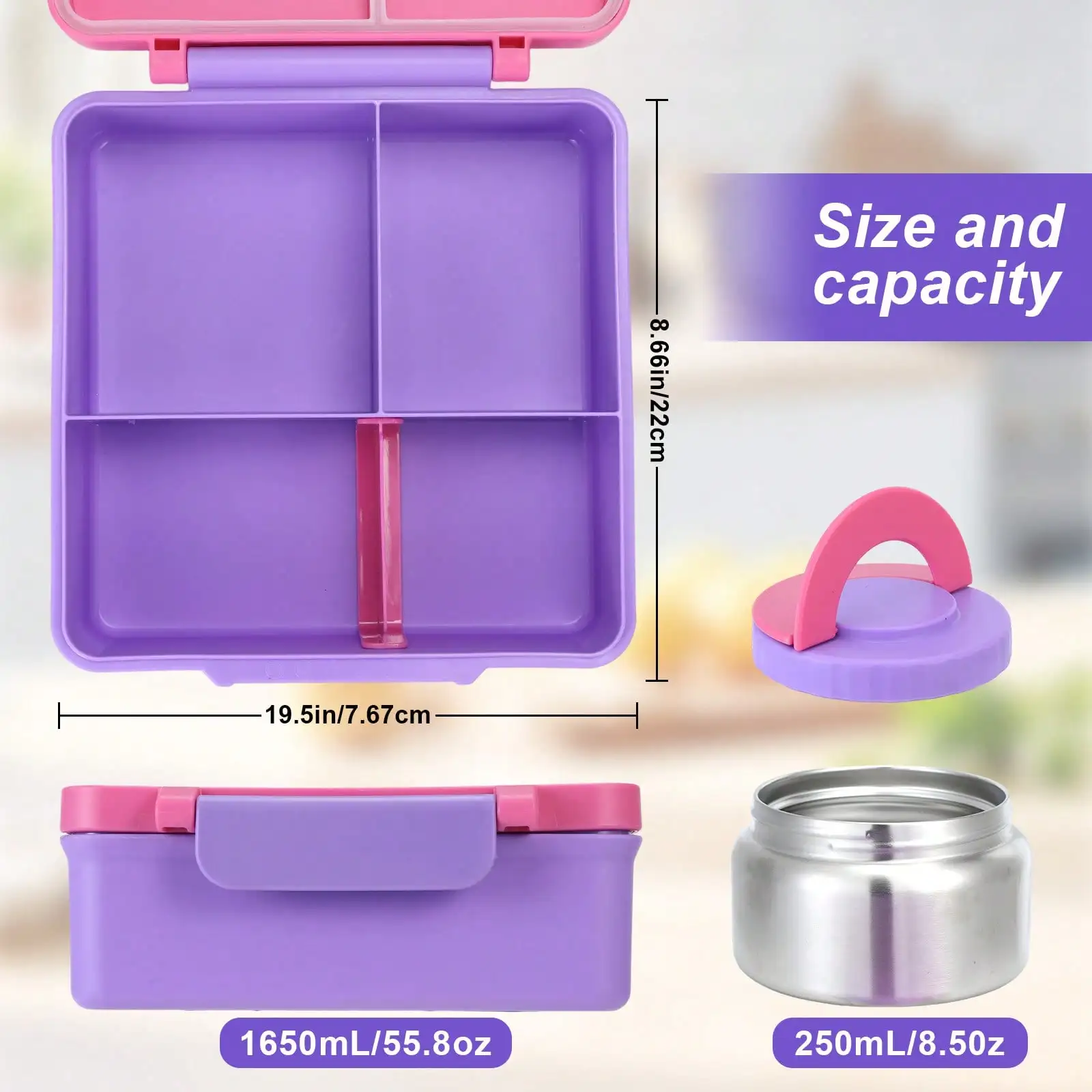 Bento Lunch Box with 8oz Soup Jar, Leakproof 3-Compartment Food Container, Insulated Hot Lunch Carrier for School, Travel & Work, Microwave Safe