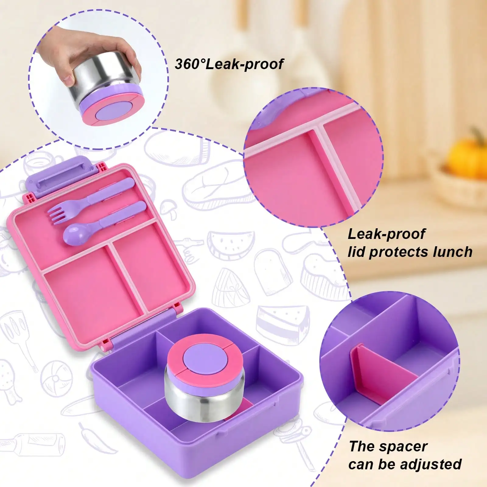 Bento Lunch Box with 8oz Soup Jar, Leakproof 3-Compartment Food Container, Insulated Hot Lunch Carrier for School, Travel & Work, Microwave Safe