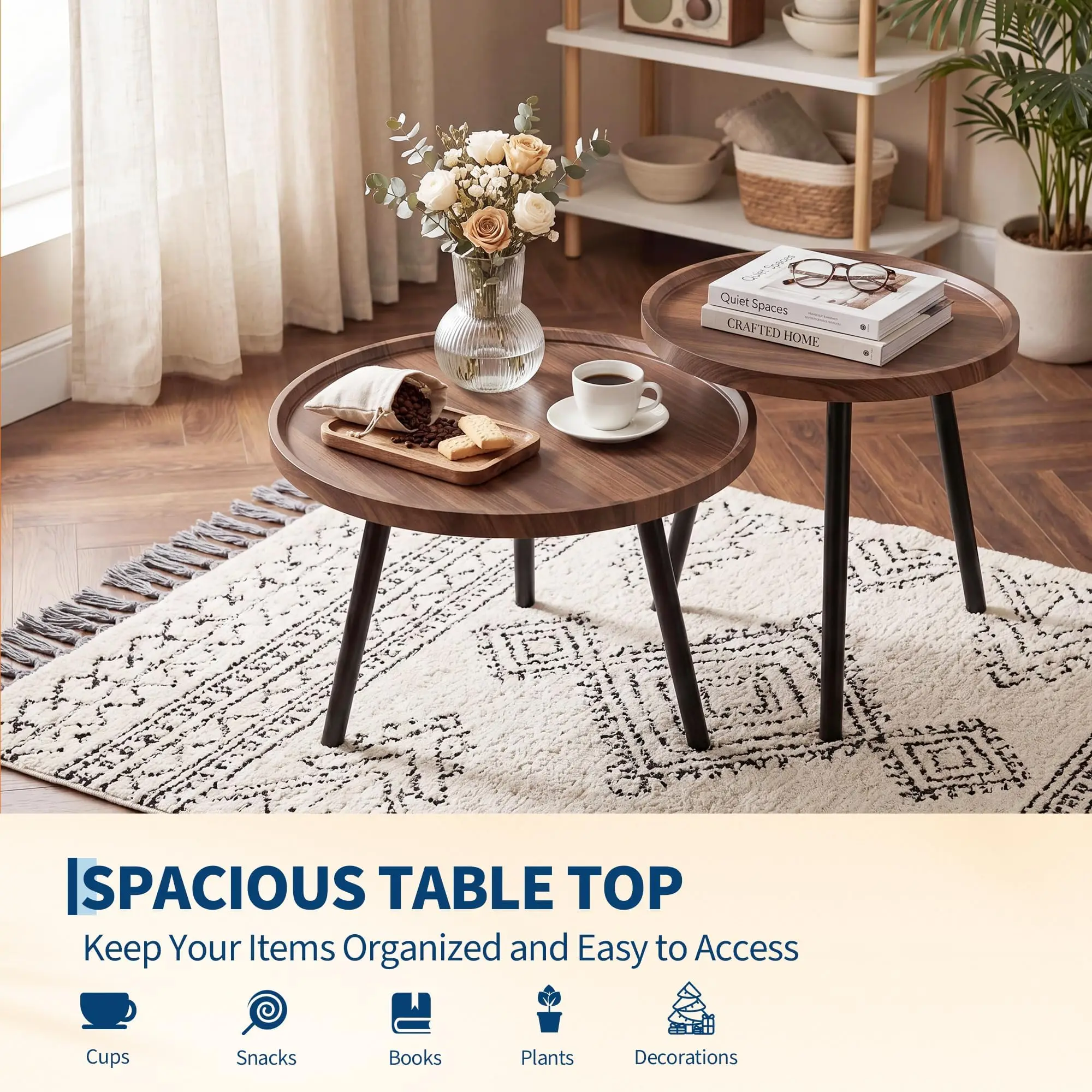 Round Nesting Coffee Table Set of 2, Wood & Metal Accent Table
