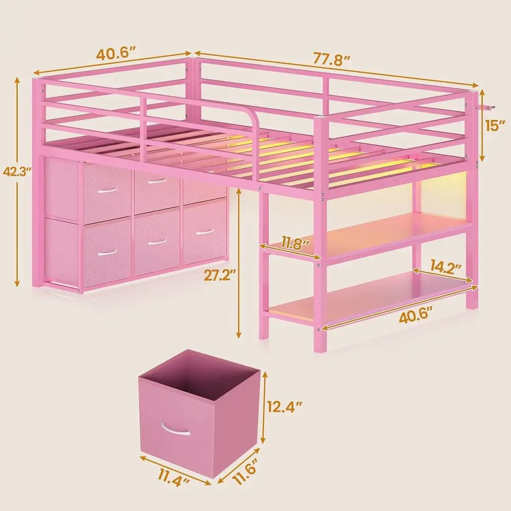 BTHST Low Lot Bed Twin Size with 6 Storage Ders, LED Lights Lot Bed | Pink Twin Size Lot Bed with Storage, 2-Tier Storage Bookca