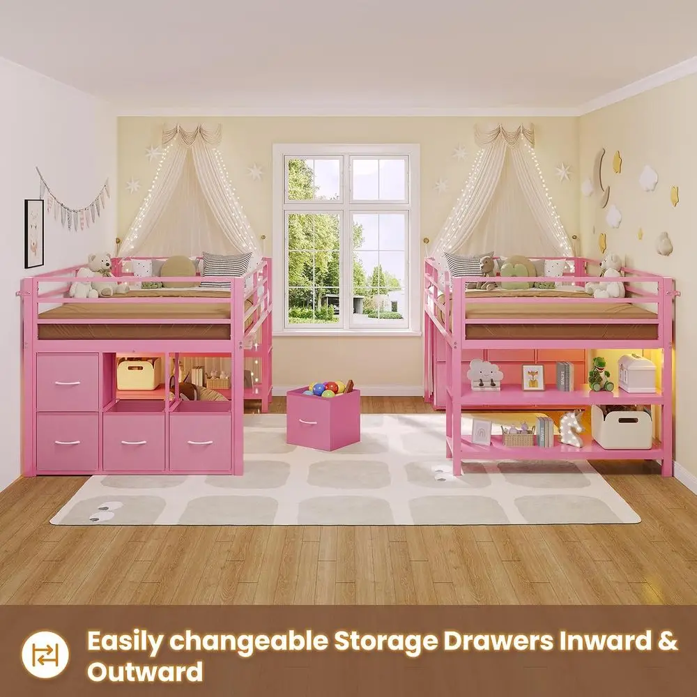 BTHST Low Lot Bed Twin Size with 6 Storage Ders, LED Lights Lot Bed | Pink Twin Size Lot Bed with Storage, 2-Tier Storage Bookca