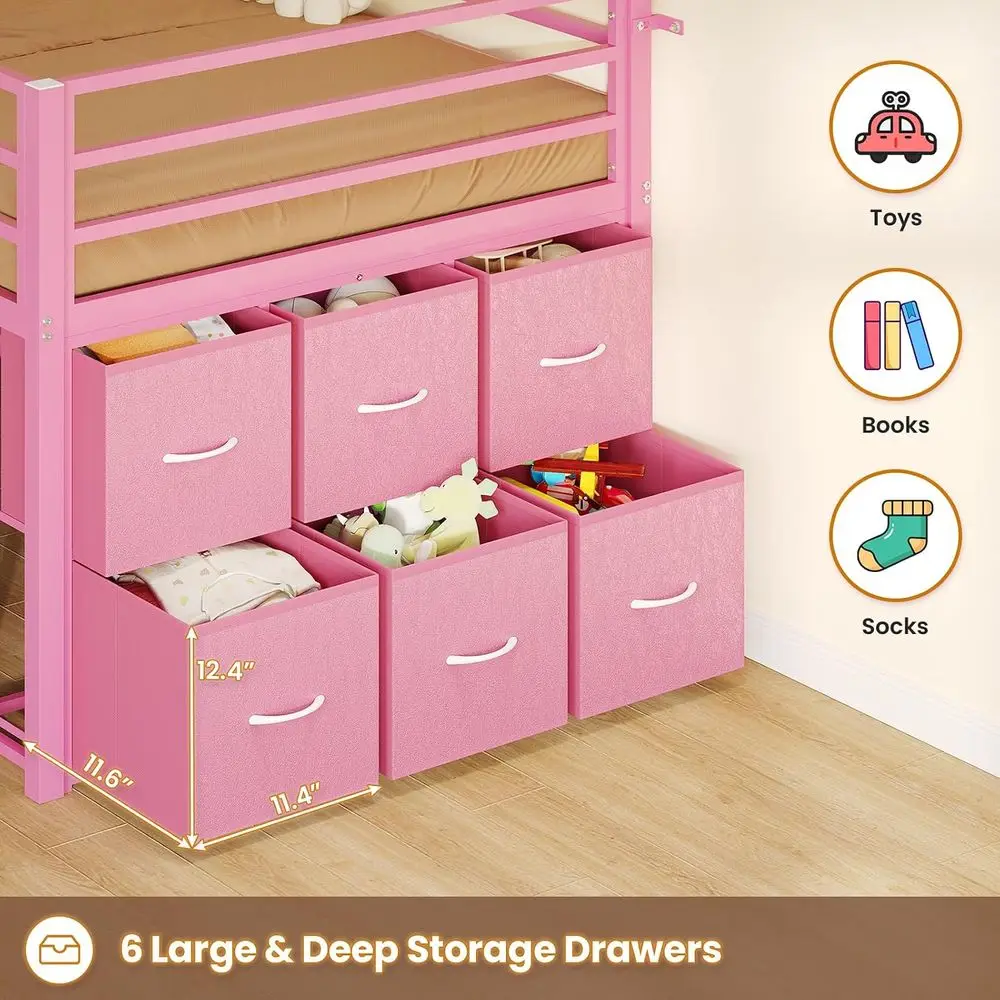 BTHST Low Lot Bed Twin Size with 6 Storage Ders, LED Lights Lot Bed | Pink Twin Size Lot Bed with Storage, 2-Tier Storage Bookca