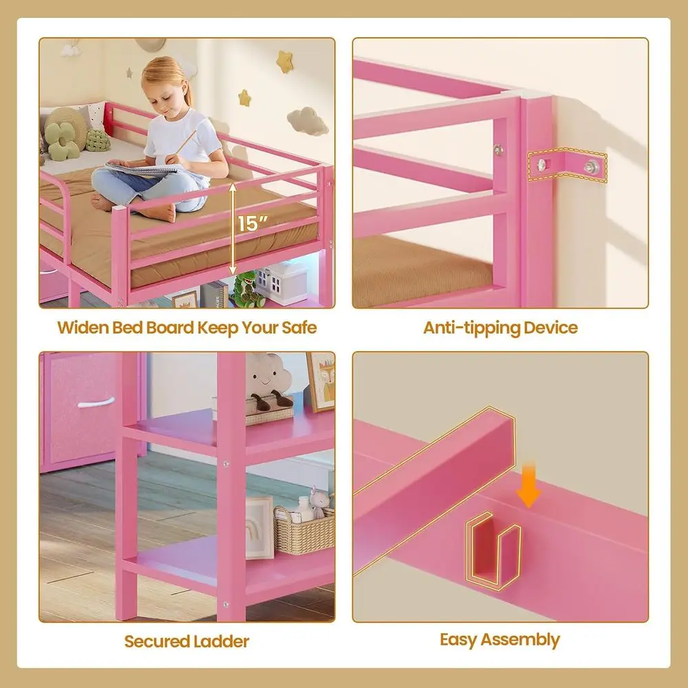 BTHST Low Lot Bed Twin Size with 6 Storage Ders, LED Lights Lot Bed | Pink Twin Size Lot Bed with Storage, 2-Tier Storage Bookca