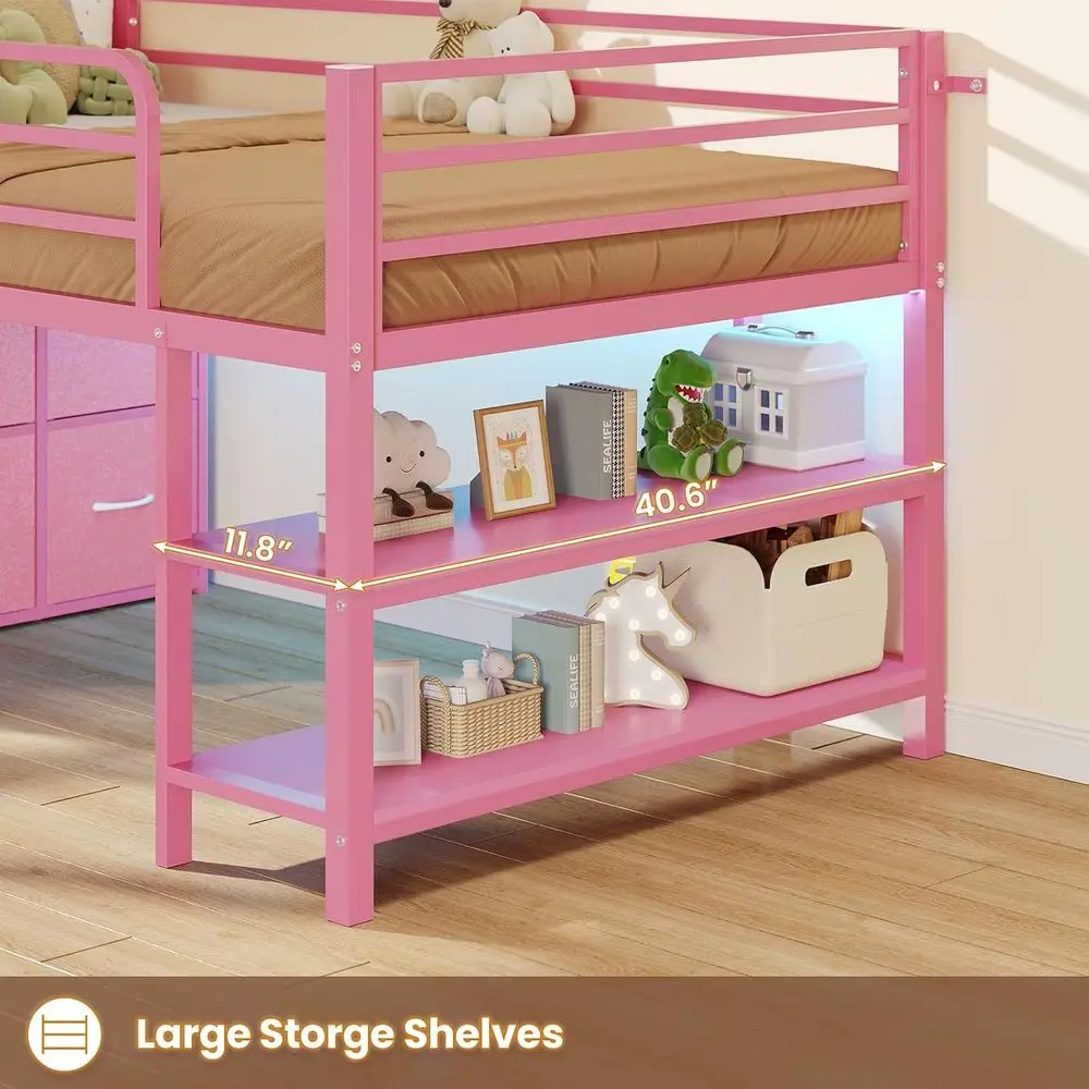 BTHST Low Lot Bed Twin Size with 6 Storage Ders, LED Lights Lot Bed | Pink Twin Size Lot Bed with Storage, 2-Tier Storage Bookca