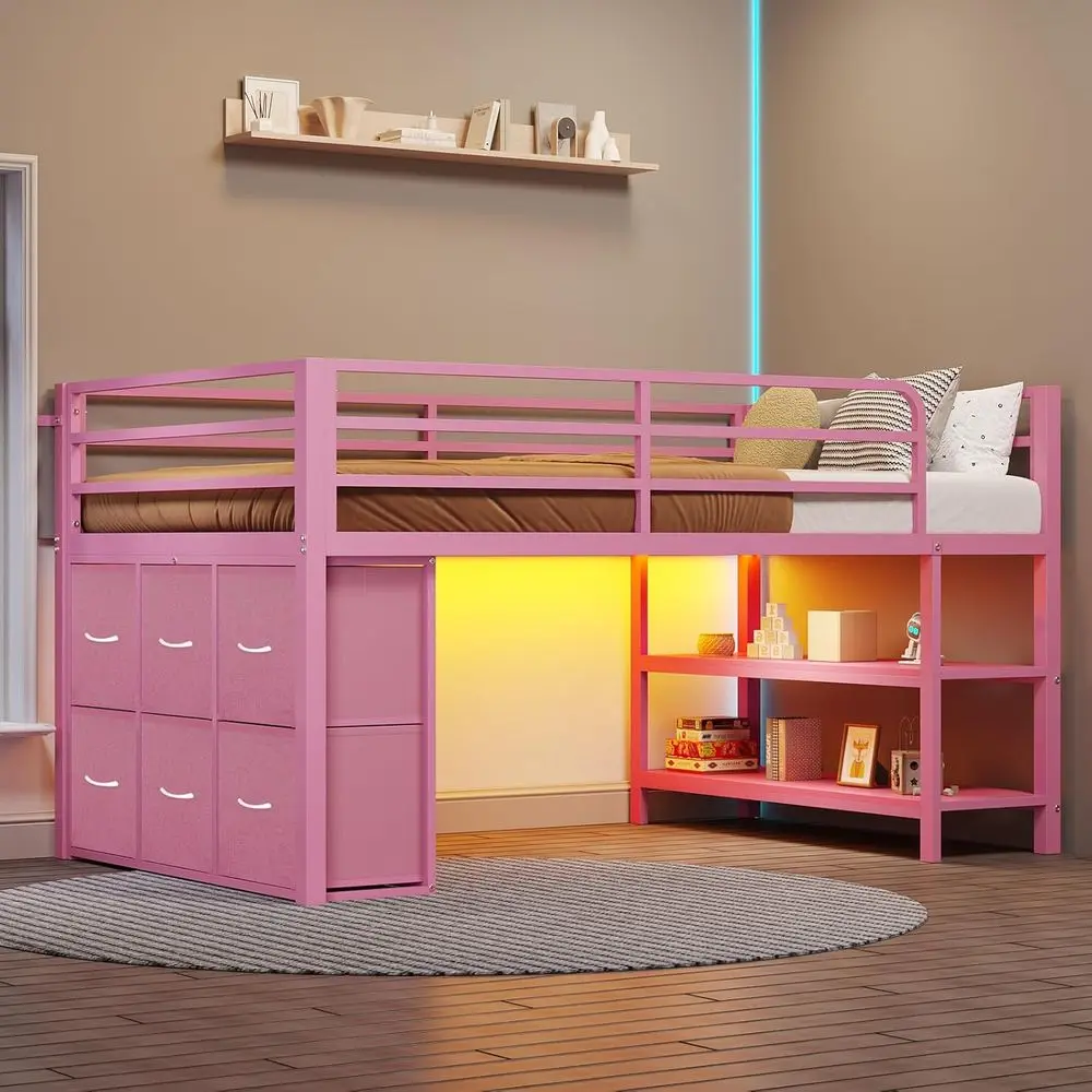 BTHST Low Lot Bed Twin Size with 6 Storage Ders, LED Lights Lot Bed | Pink Twin Size Lot Bed with Storage, 2-Tier Storage Bookca