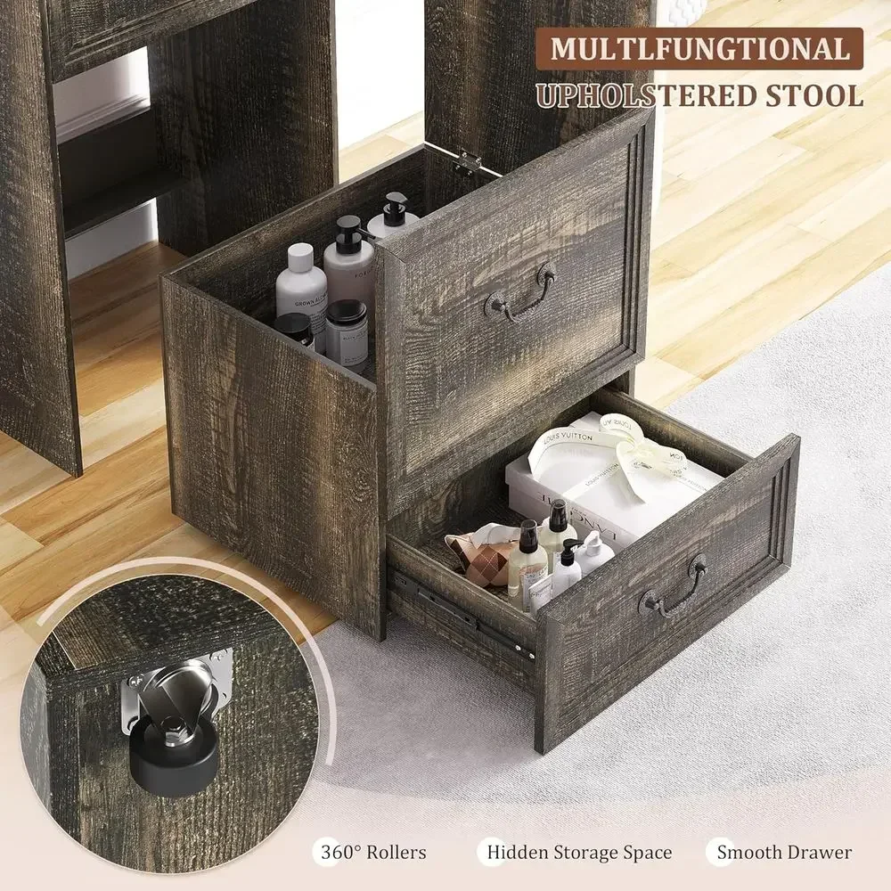Vanity Desk with Mirror, Lights, and Storage for Makeup, Compact Desk with Drawers and Shelves, Vanity Table with Hidden Chair,