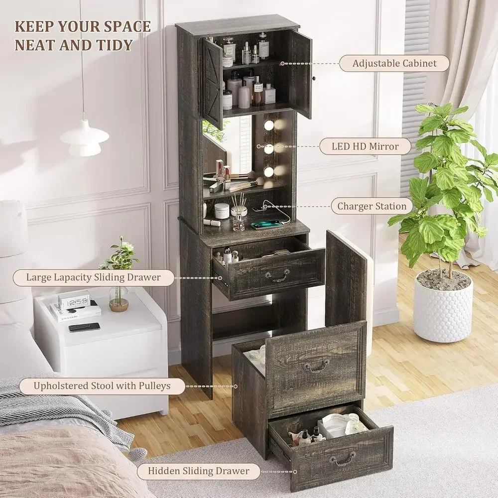 Vanity Desk with Mirror, Lights, and Storage for Makeup, Compact Desk with Drawers and Shelves, Vanity Table with Hidden Chair,