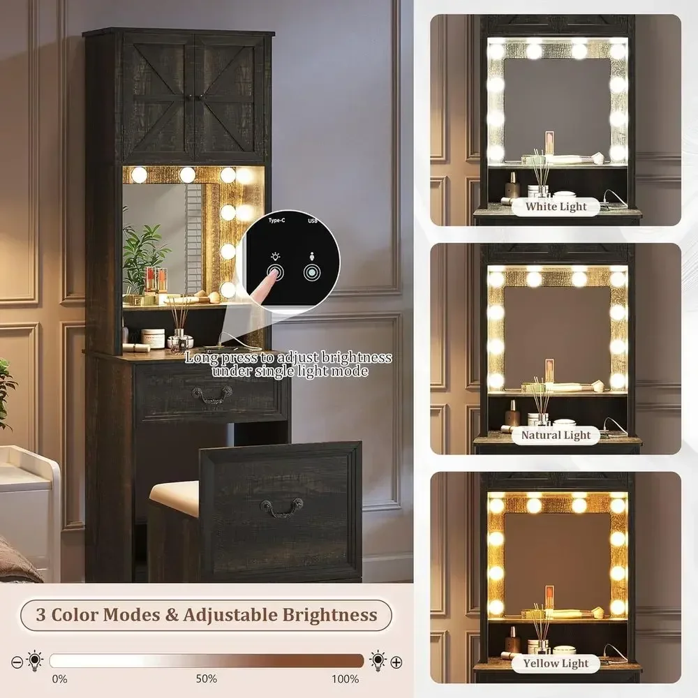 Vanity Desk with Mirror, Lights, and Storage for Makeup, Compact Desk with Drawers and Shelves, Vanity Table with Hidden Chair,