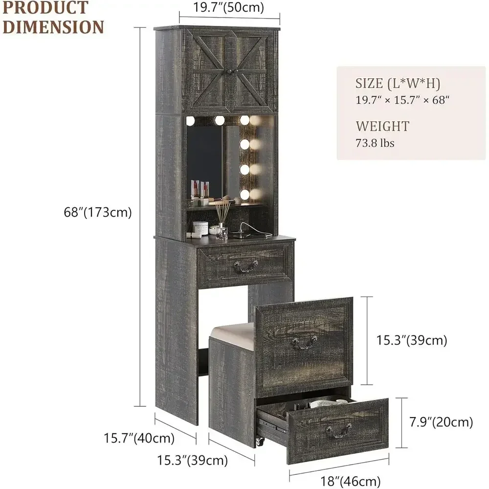 Vanity Desk with Mirror, Lights, and Storage for Makeup, Compact Desk with Drawers and Shelves, Vanity Table with Hidden Chair,