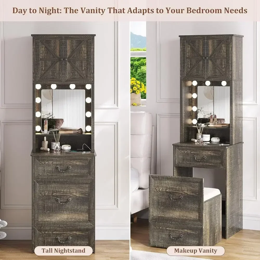 Vanity Desk with Mirror, Lights, and Storage for Makeup, Compact Desk with Drawers and Shelves, Vanity Table with Hidden Chair,