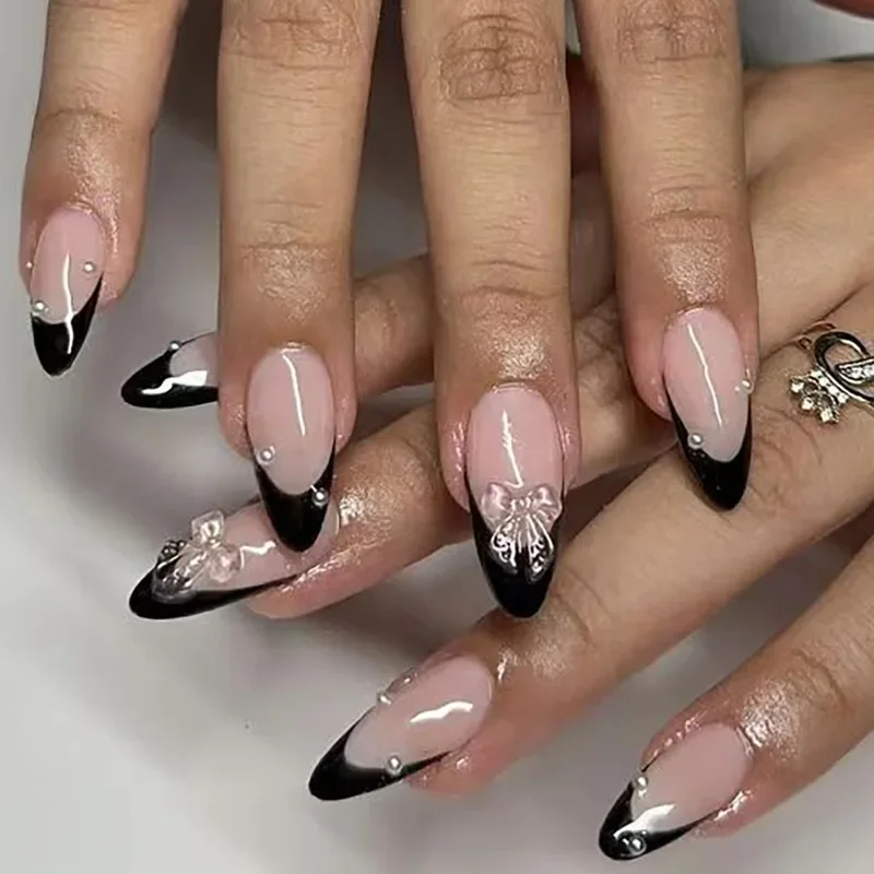 24Pcs Almond Blush Press On Nails Sweet Heart Diamond Cute Bow European American Style Self Adhesive Reusable False Nails For Women Girls Daily Party Manicure Supply