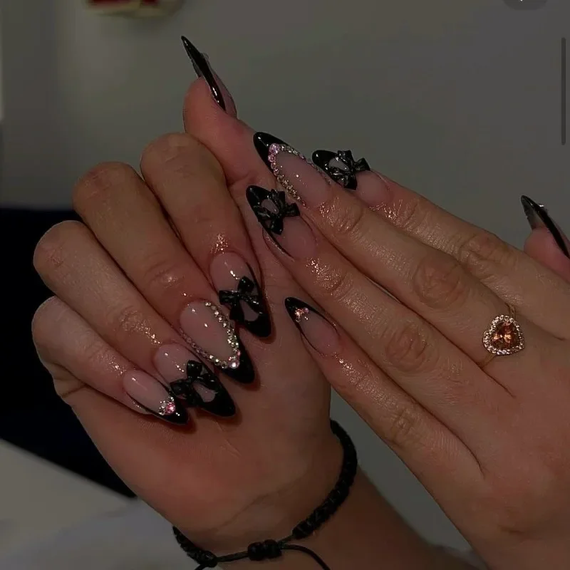 24Pcs Almond Blush Press On Nails Sweet Heart Diamond Cute Bow European American Style Self Adhesive Reusable False Nails For Women Girls Daily Party Manicure Supply