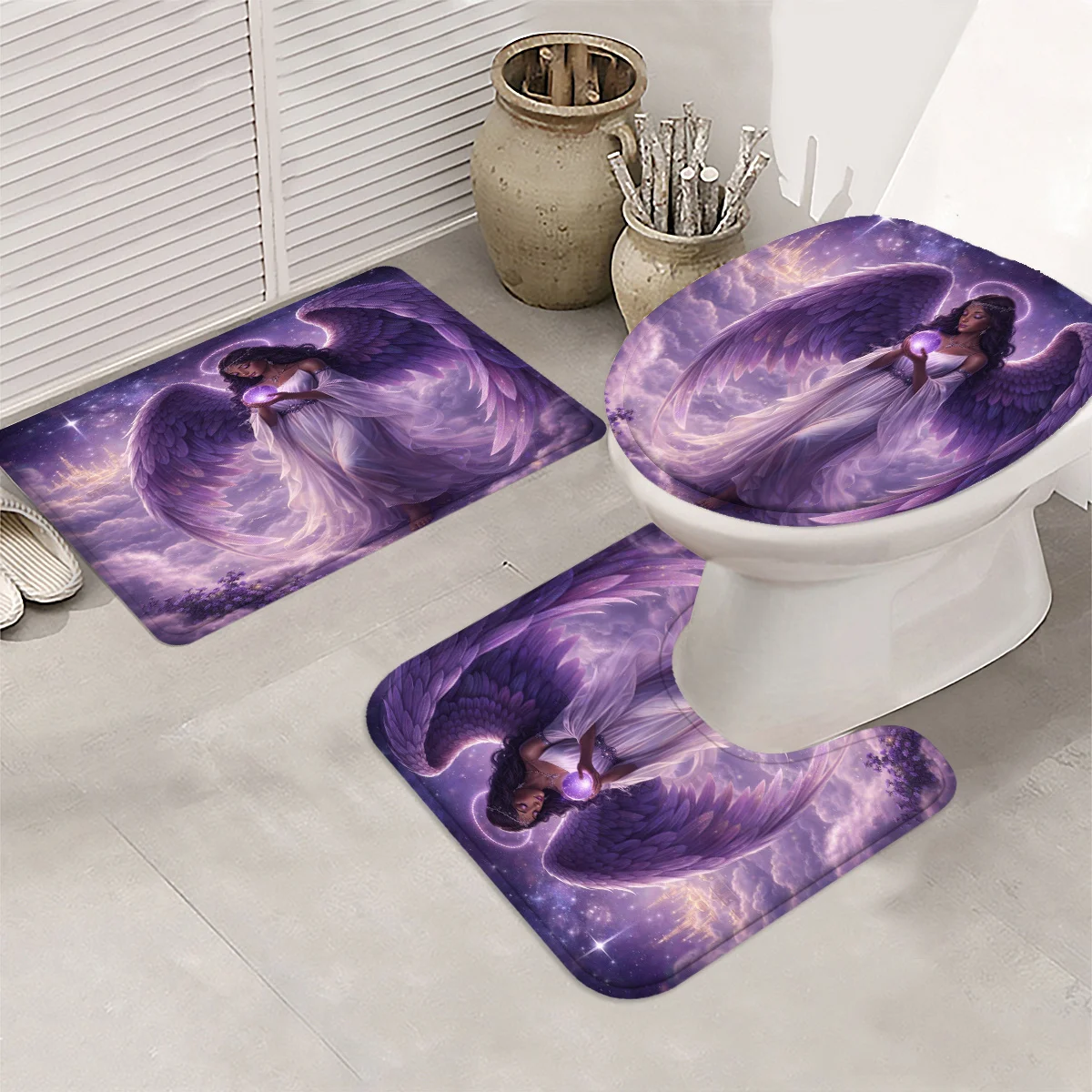 3 Pieces Mystic Purple Angel Bathroom Rugs Set, Celestial Star Cloud Black Angel Magic Orb Fantasy Purple Tone Pattern Non‑Slip Bath Mat U‑Shaped Rug Toilet Seat Cover, Spiritual Fantasy Home Bathroom Decor Gift