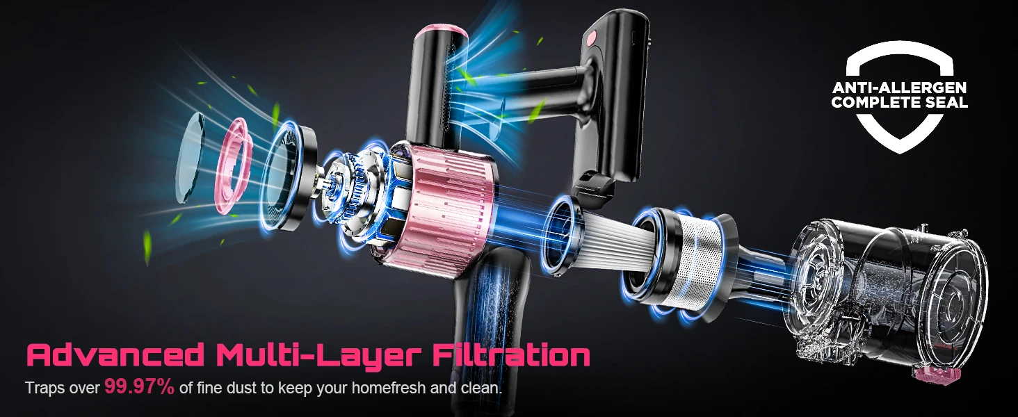Cordless Vacuum Cleaner for Home, 55KPa Powerful Suction Rechargeable Stick Vacuum, Up to 45 Minutes Runtime, Self-Standing Design, 1.5L Dust Cup and 3 Cleaning Modes for Pet Hair and Carpet