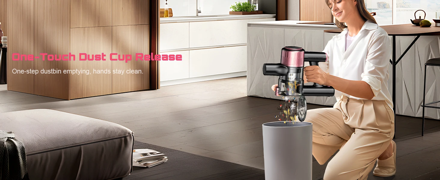 Cordless Vacuum Cleaner for Home, 55KPa Powerful Suction Rechargeable Stick Vacuum, Up to 45 Minutes Runtime, Self-Standing Design, 1.5L Dust Cup and 3 Cleaning Modes for Pet Hair and Carpet