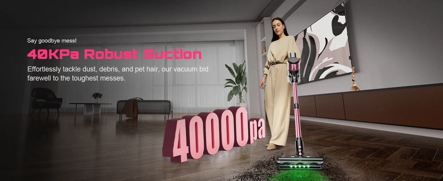 Cordless Vacuum Cleaner for Home, 55KPa Powerful Suction Rechargeable Stick Vacuum, Up to 45 Minutes Runtime, Self-Standing Design, 1.5L Dust Cup and 3 Cleaning Modes for Pet Hair and Carpet