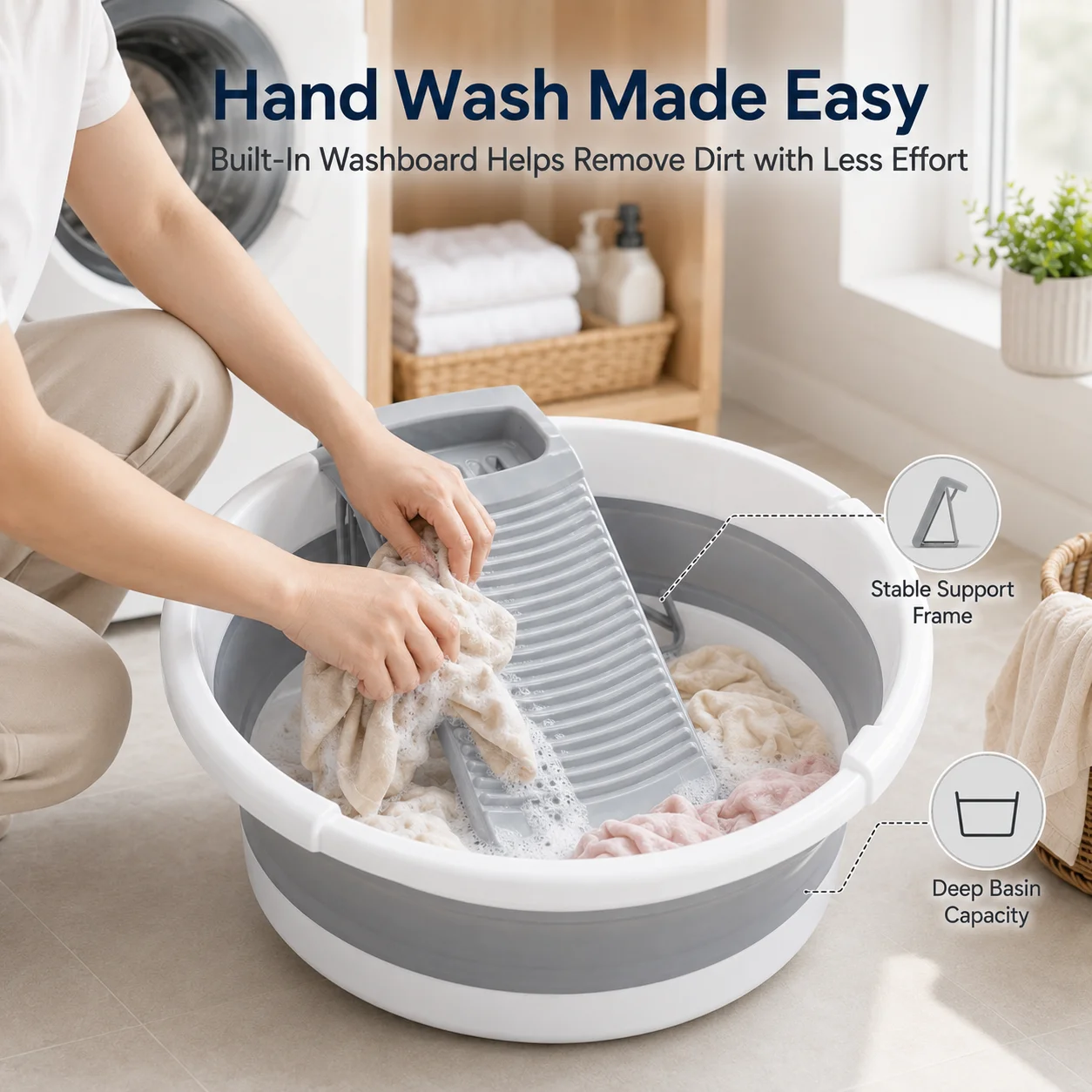 Large Collapsible Washboard Basin for Hand Washing Clothes - Portable Laundry Tub with Scrubber, Durable & Sturdy, Foldable Space-Saver, Ideal for Home, Travel, and Camping
