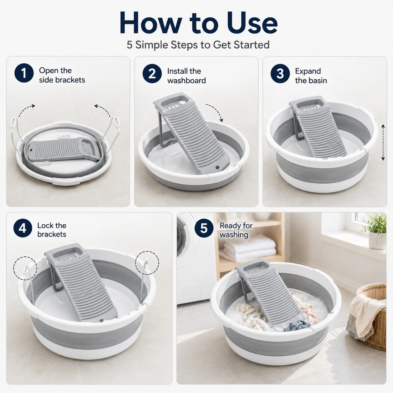 Large Collapsible Washboard Basin for Hand Washing Clothes - Portable Laundry Tub with Scrubber, Durable & Sturdy, Foldable Space-Saver, Ideal for Home, Travel, and Camping