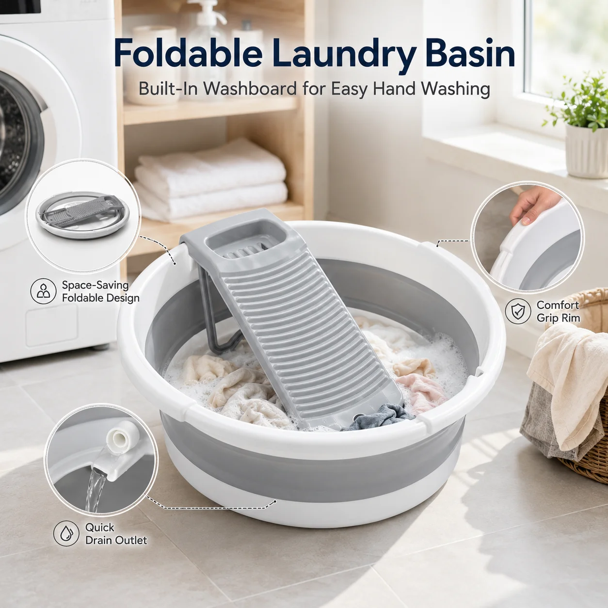 Large Collapsible Washboard Basin for Hand Washing Clothes - Portable Laundry Tub with Scrubber, Durable & Sturdy, Foldable Space-Saver, Ideal for Home, Travel, and Camping