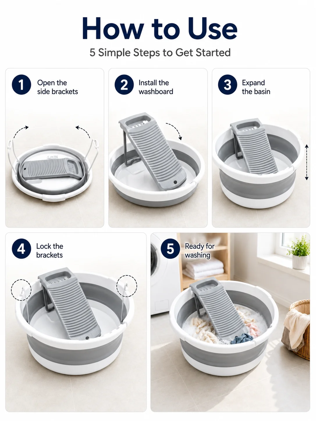 Large Collapsible Washboard Basin for Hand Washing Clothes - Portable Laundry Tub with Scrubber, Durable & Sturdy, Foldable Space-Saver, Ideal for Home, Travel, and Camping