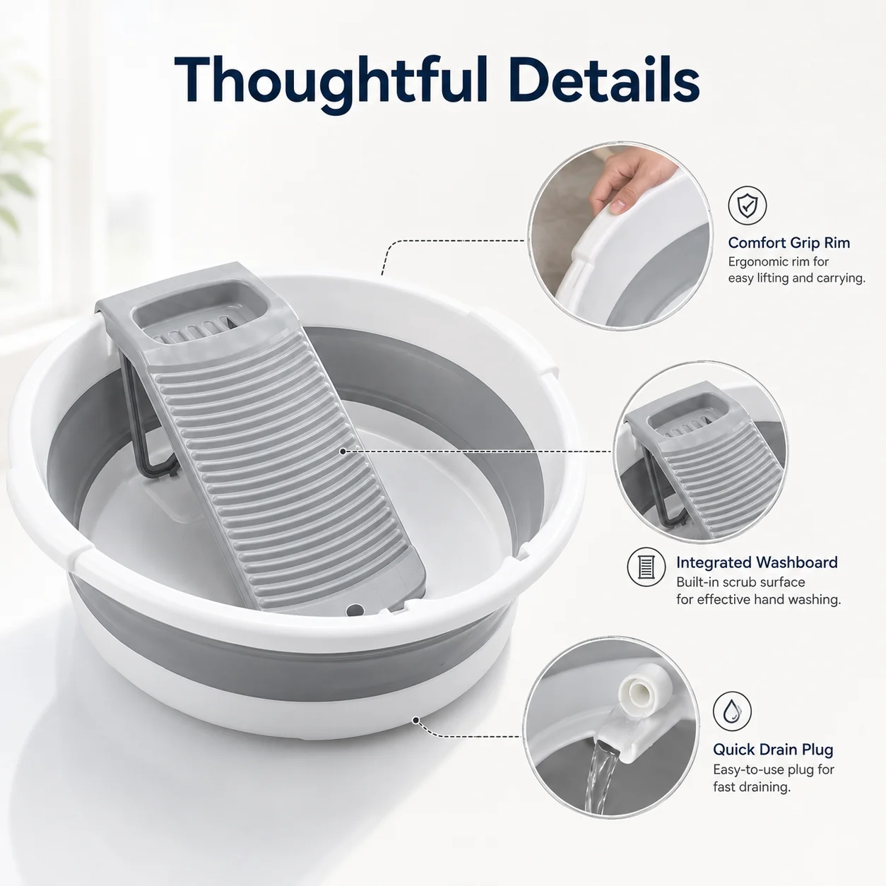 Large Collapsible Washboard Basin for Hand Washing Clothes - Portable Laundry Tub with Scrubber, Durable & Sturdy, Foldable Space-Saver, Ideal for Home, Travel, and Camping