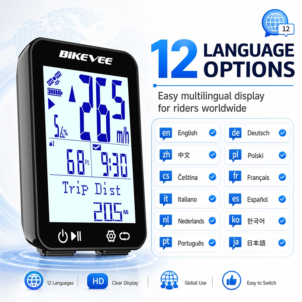 Bikevee Newest Professional Bluetooth Wireless GPS Bicycle Computer MPH KM/H 12 Languages Multilanguage 2.4-inch LCD Display Screen Rechargeable Bike Speedometer Odometer Stopwatch Tracker with Auto Backlight Connect BIKEVEE APP Cycling Accessories