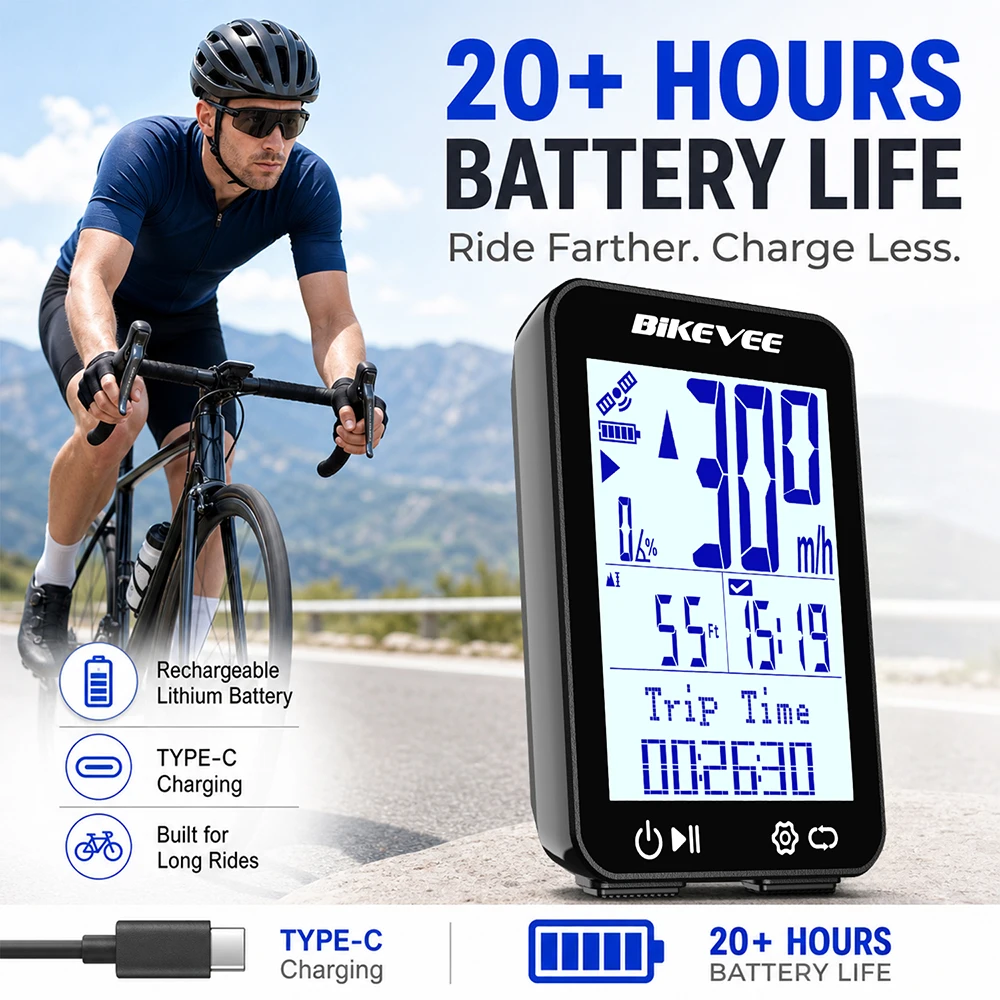 Bikevee Newest Professional Bluetooth Wireless GPS Bicycle Computer MPH KM/H 12 Languages Multilanguage 2.4-inch LCD Display Screen Rechargeable Bike Speedometer Odometer Stopwatch Tracker with Auto Backlight Connect BIKEVEE APP Cycling Accessories