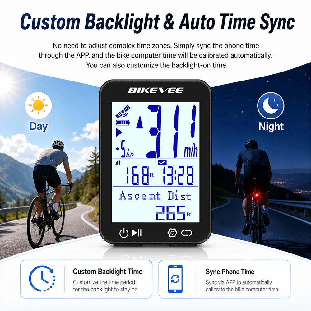 Bikevee Newest Professional Bluetooth Wireless GPS Bicycle Computer MPH KM/H 12 Languages Multilanguage 2.4-inch LCD Display Screen Rechargeable Bike Speedometer Odometer Stopwatch Tracker with Auto Backlight Connect BIKEVEE APP Cycling Accessories