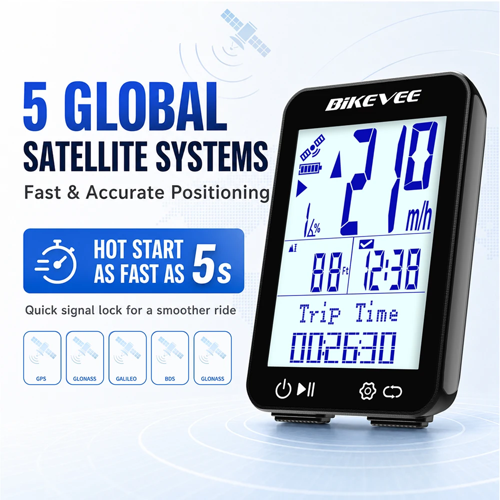 Bikevee Newest Professional Bluetooth Wireless GPS Bicycle Computer MPH KM/H 12 Languages Multilanguage 2.4-inch LCD Display Screen Rechargeable Bike Speedometer Odometer Stopwatch Tracker with Auto Backlight Connect BIKEVEE APP Cycling Accessories