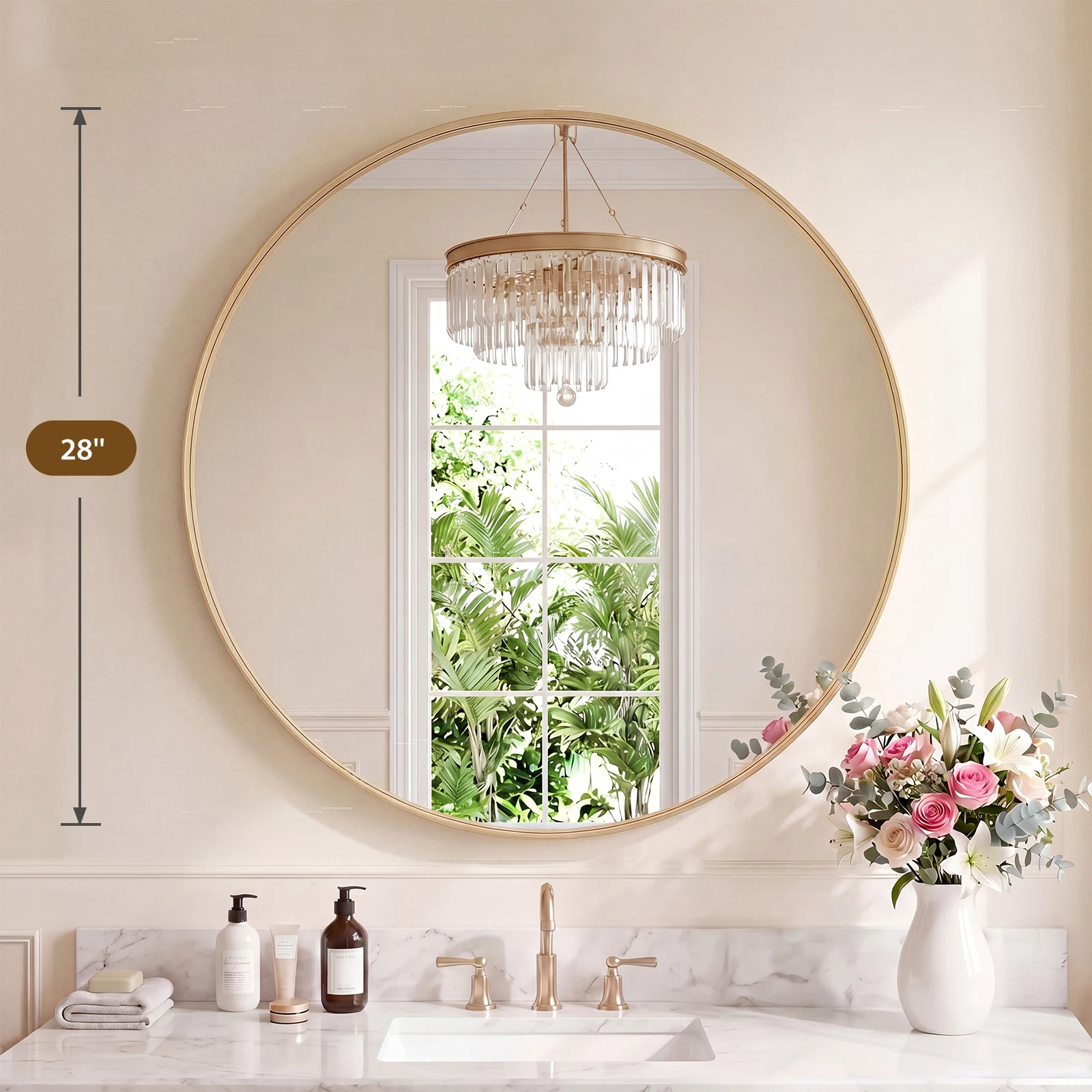 JHK Groove Gold Round Vanity Framed Mirror for Wall Bathroom Mirror for Over Sink Wall Circle Mirror with Matte Metal Frame Modern Wall Mount Vanity Mirrors for Home Decor Living Room
