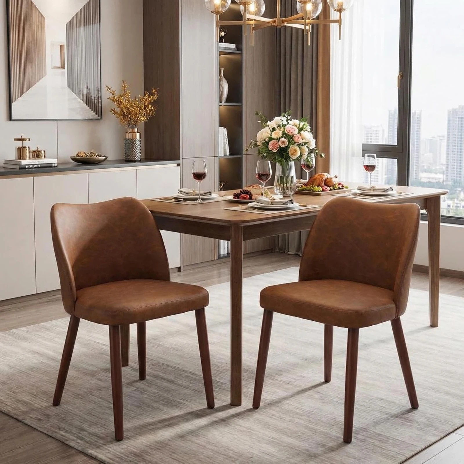 Dining Chair Set Of 2, Leather Upholstered Kitchen Chairs With Wing Back Thick Cushion Wood Legs For Dining Room Living Room