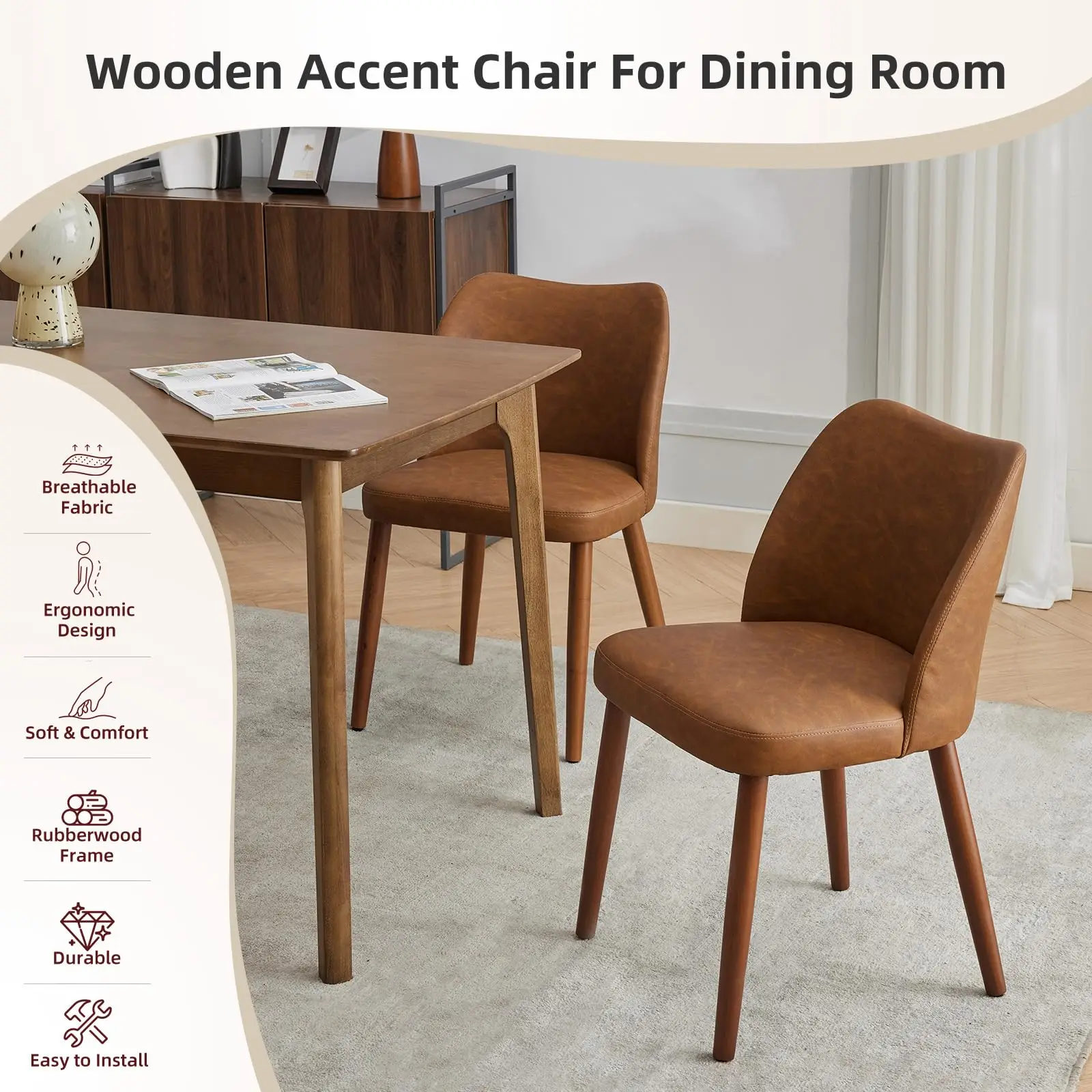 Dining Chair Set Of 2, Leather Upholstered Kitchen Chairs With Wing Back Thick Cushion Wood Legs For Dining Room Living Room
