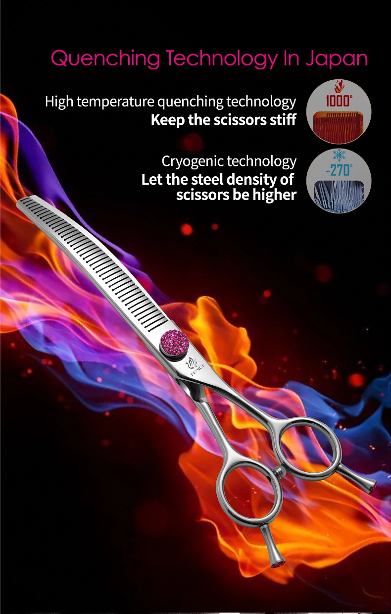 Fenice JP440C 6.5/7/7.5 inch Pet Scissors Grooming Curved Thinner Shears Trimmers for Dogs Fluffy Traceless Thinning Rate 50-55%